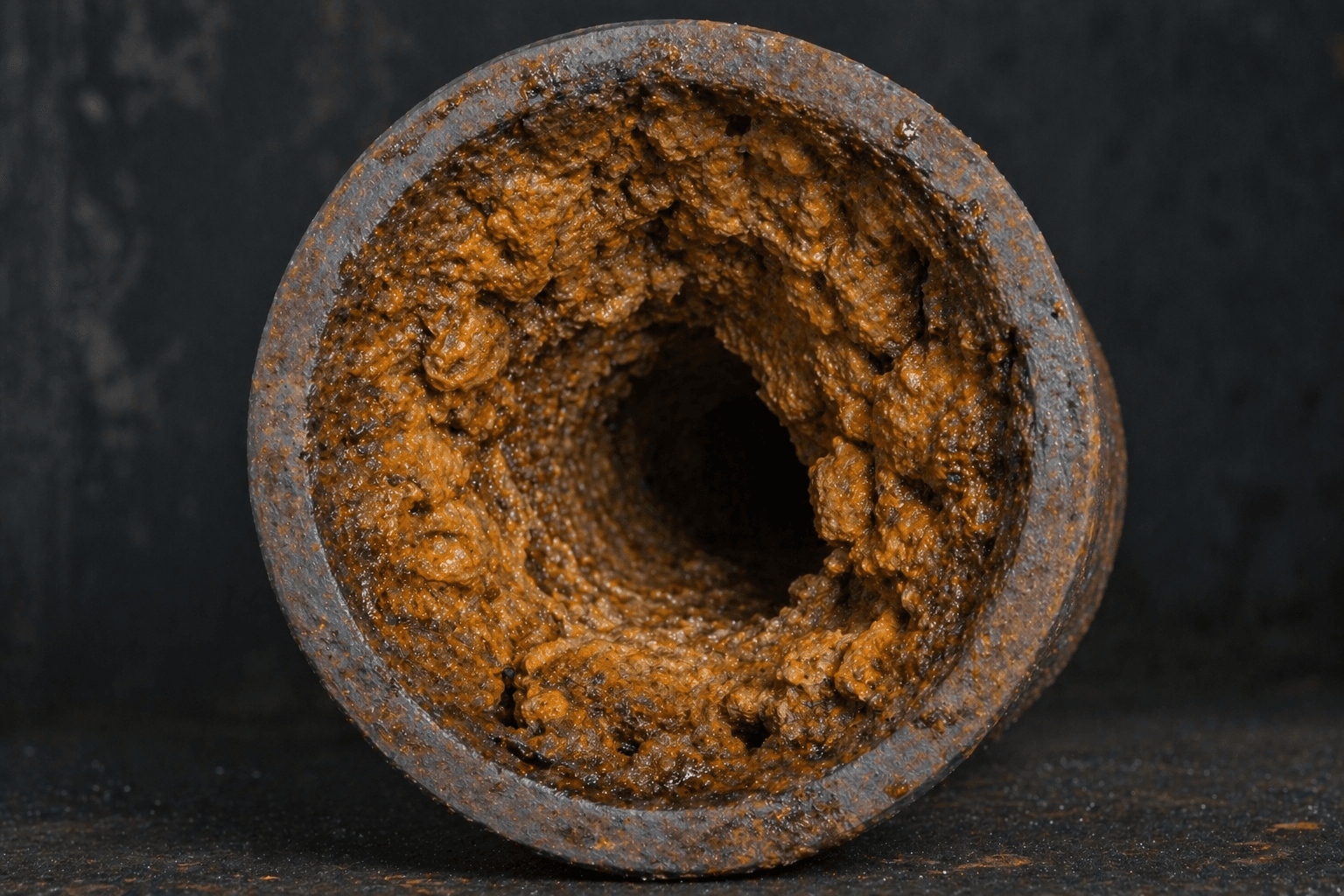 Corroded sewer pipe with scale buildup